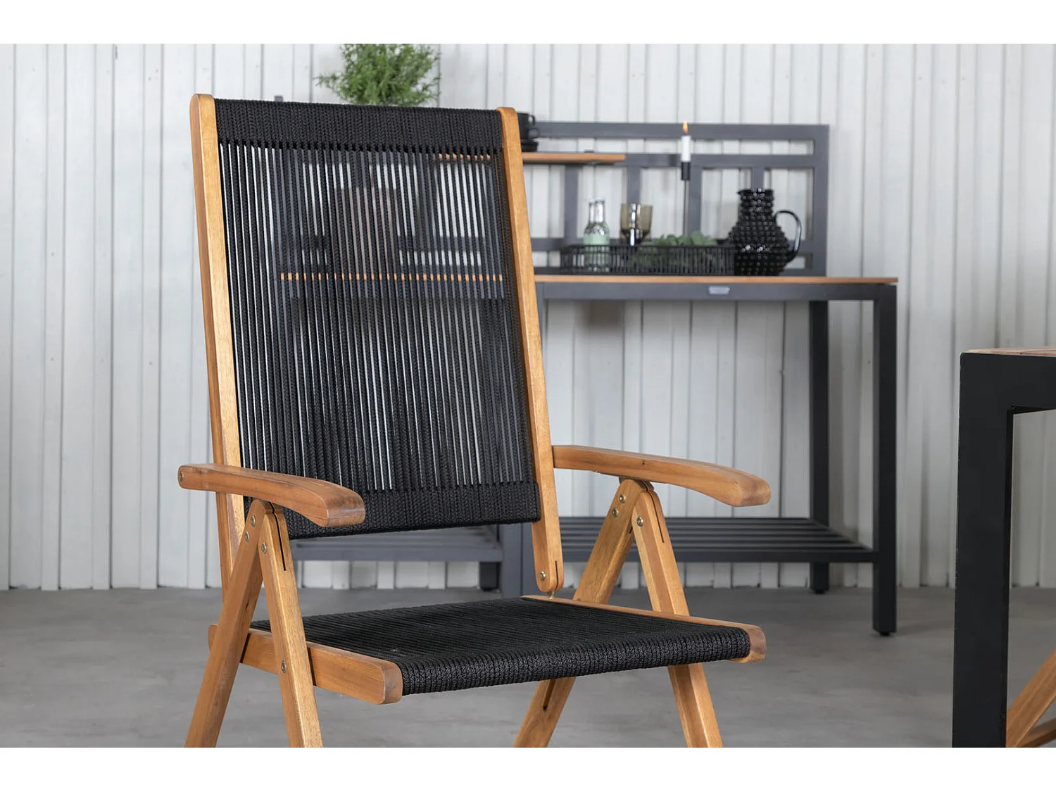 Bois Ensemble table et chaises de jardin, table 90x205cm et 6 chaises Little John, noir, naturel.