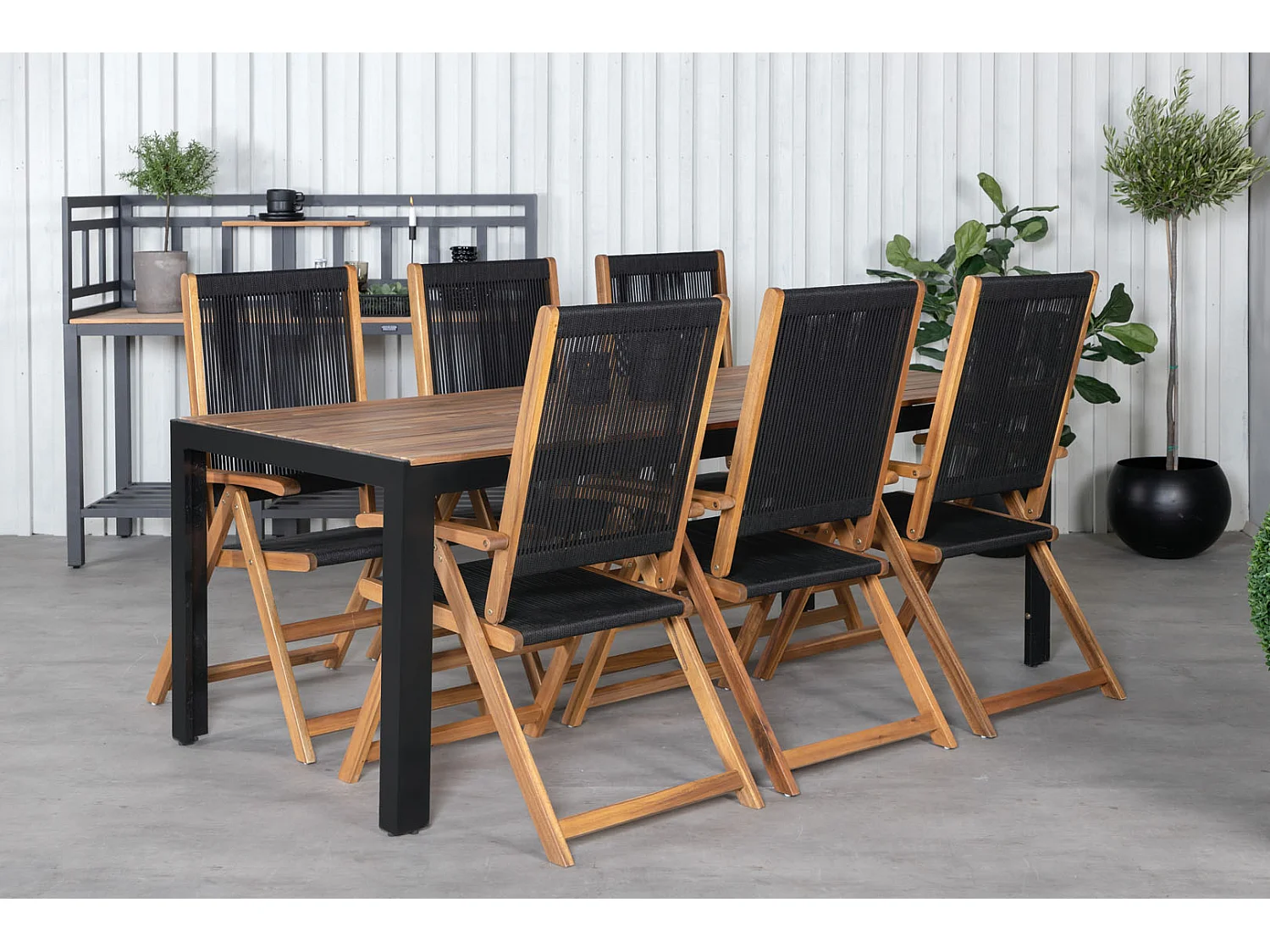 Bois tuinmeubelset tafel 90x205cm en 6 stoel Little John zwart, naturel.