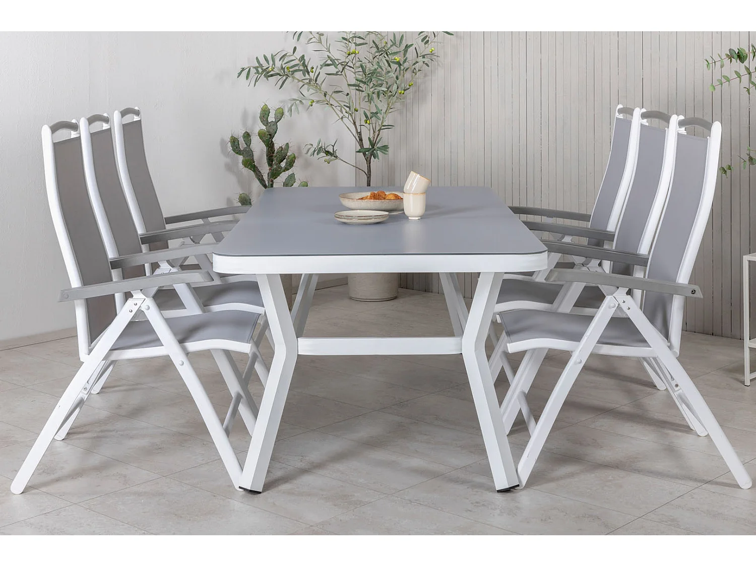 Virya Ensemble table et chaises de jardin, table 100x200cm et 6 chaises 5posG Albany, blanc, gris.