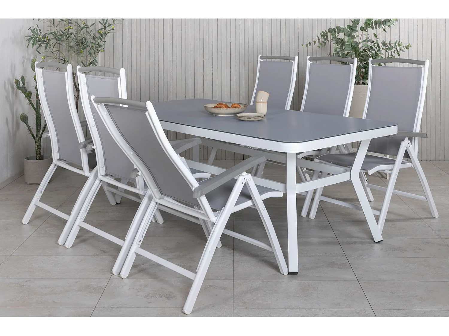 Virya Ensemble table et chaises de jardin, table 100x200cm et 6 chaises 5posG Albany, blanc, gris.
