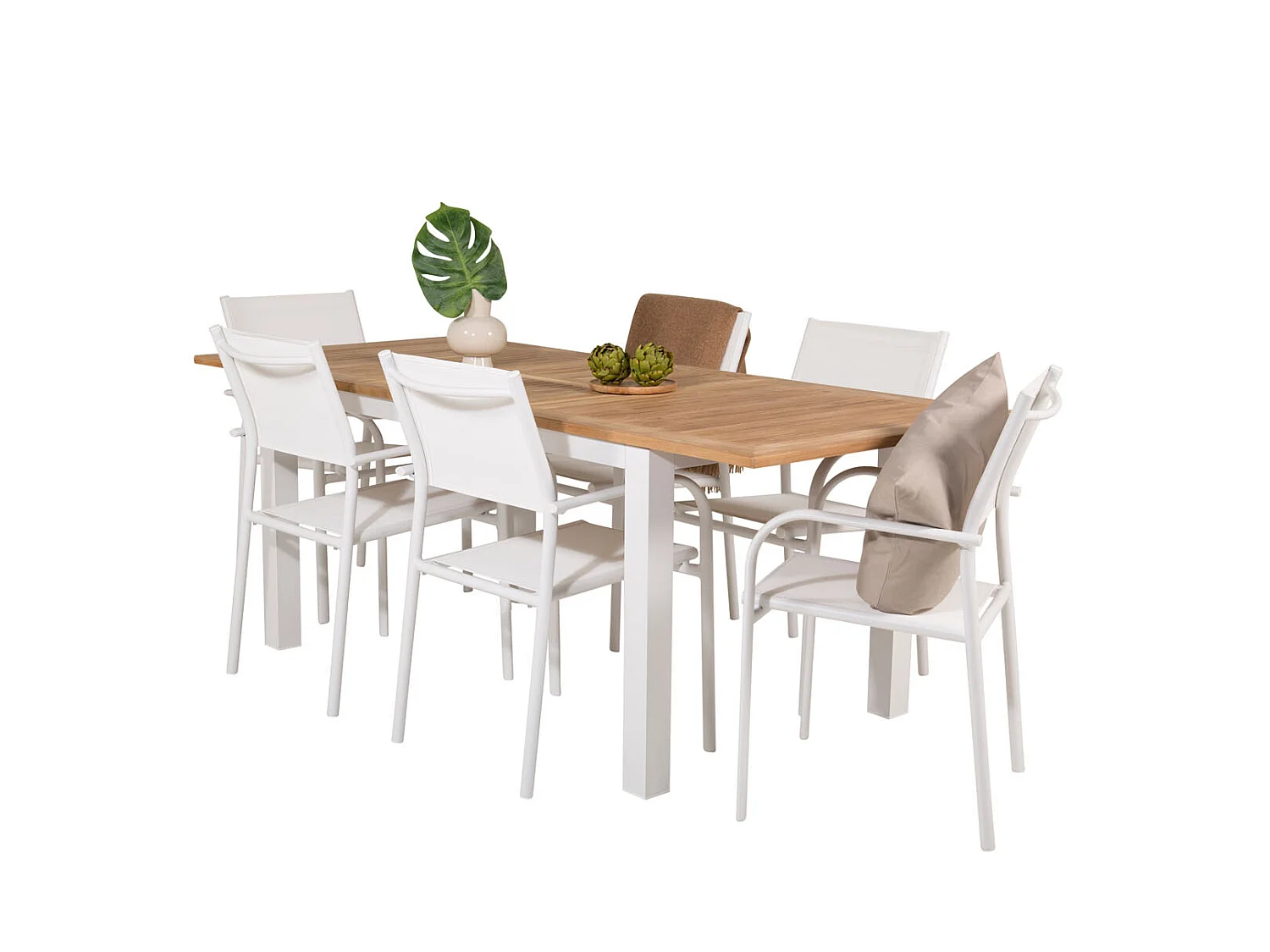 Panama Ensemble table et chaises de jardin, table 90x152/210cm et 6 chaises Santorini, blanc, naturel.