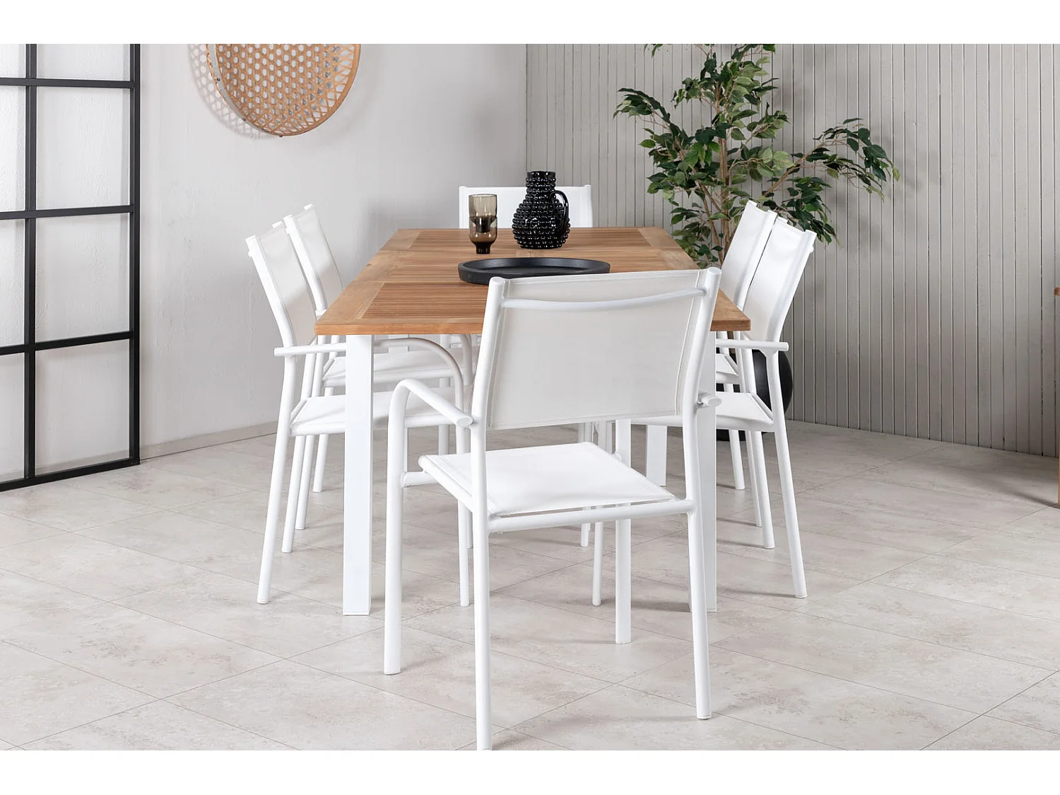 Panama Ensemble table et chaises de jardin, table 90x152/210cm et 6 chaises Santorini, blanc, naturel.