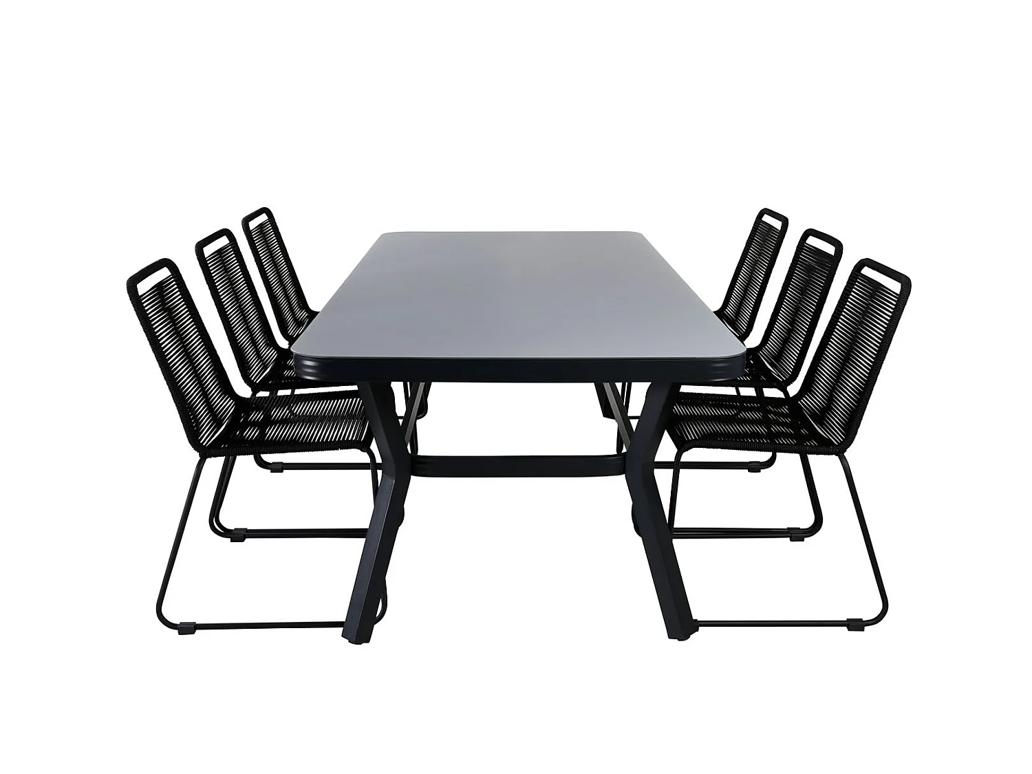 Virya Gartenset Tisch 100x200cm und 6 Stühle stabel Lindos schwarz, grau.