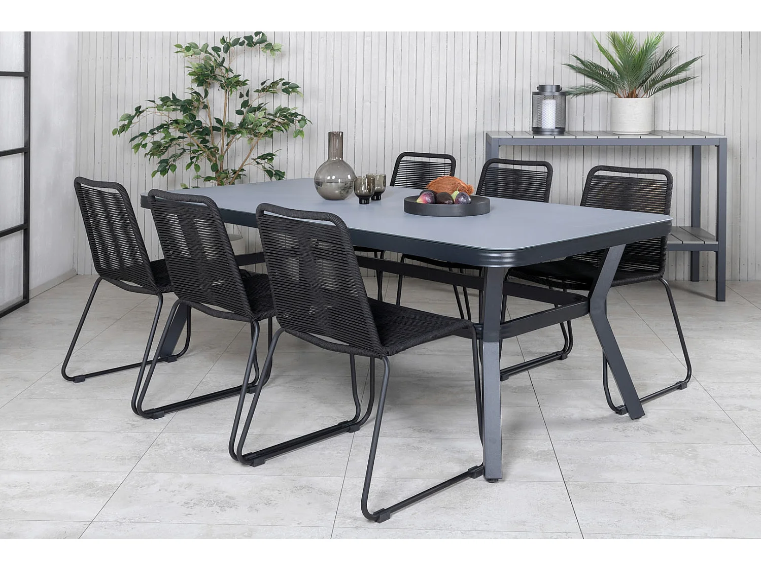 Virya Ensemble table et chaises de jardin, table 100x200cm et 6 chaises stabel Lindos, noir, gris.