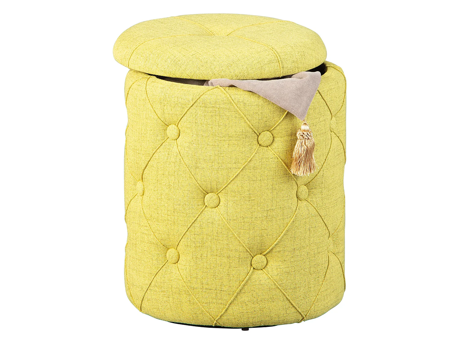 Ymas Repose-pieds/Tabouret avec compartiment de rangement, jaune-vert et marron.