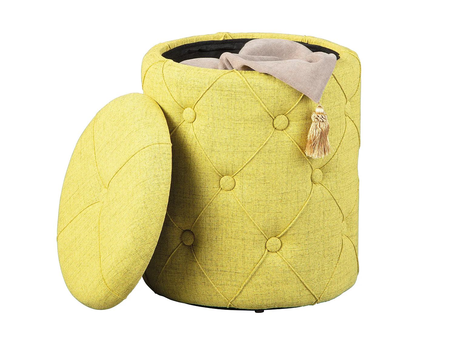 Ymas Repose-pieds/Tabouret avec compartiment de rangement, jaune-vert et marron.