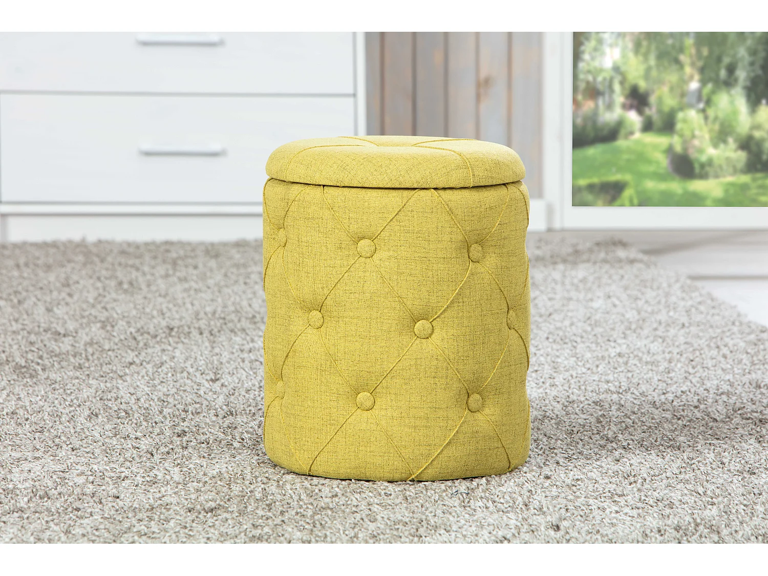 Ymas Repose-pieds/Tabouret avec compartiment de rangement, jaune-vert et marron.