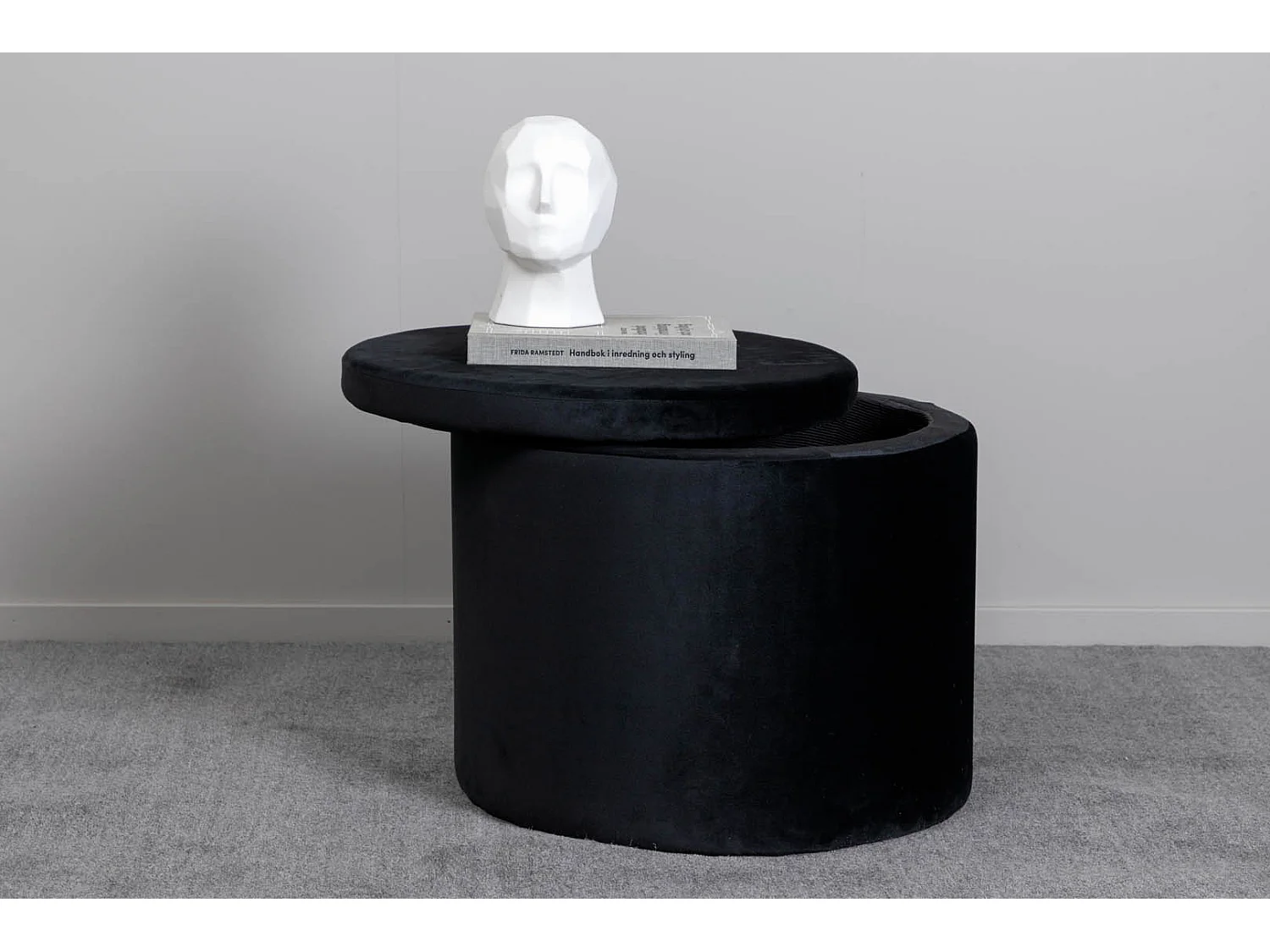 Dunken poef, hocker met opbergruimte Ø51cm velours zwart.