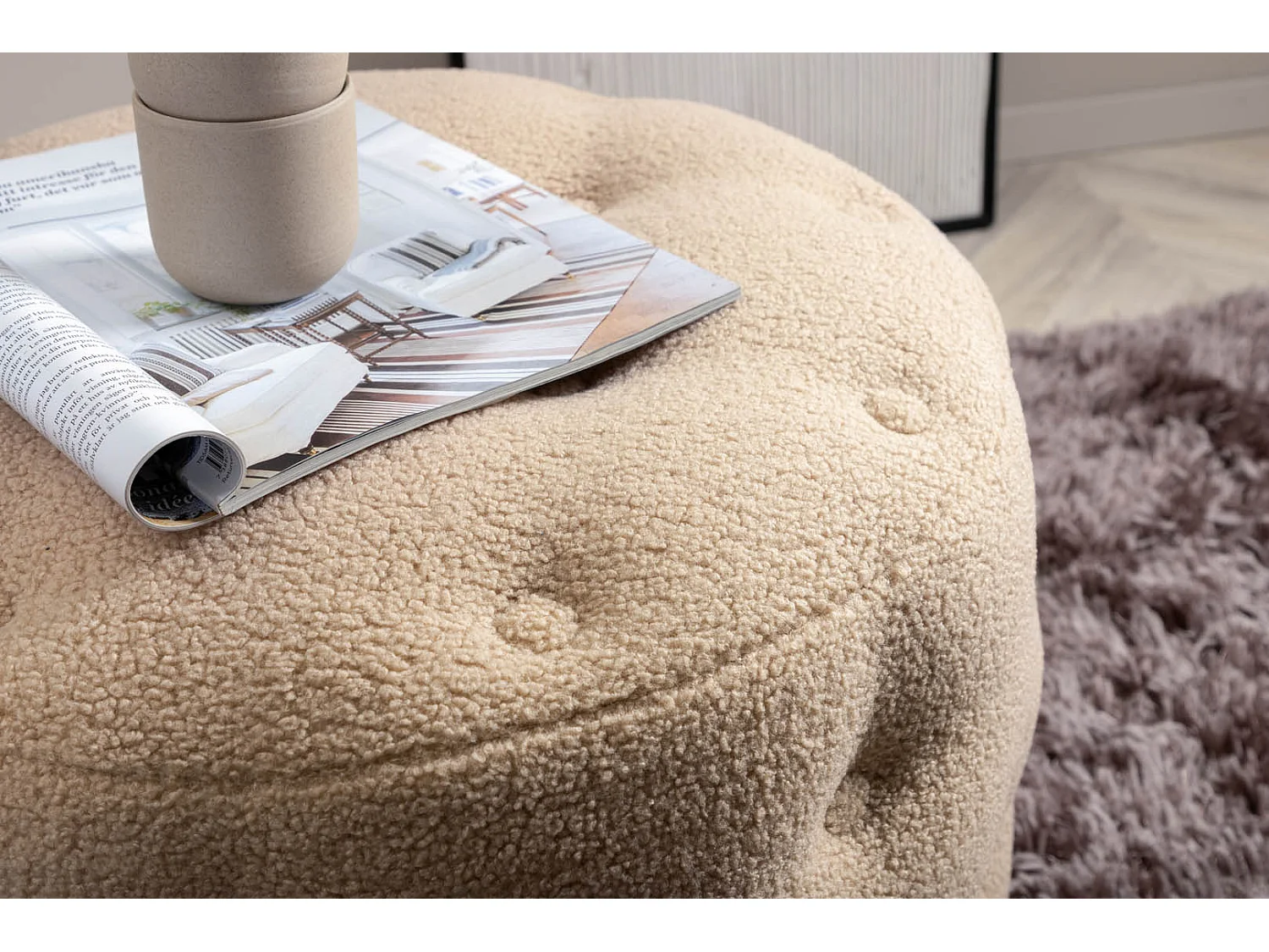 Pouf Capitonné Tissu Bouclette "Benjamin" 55cm Beige