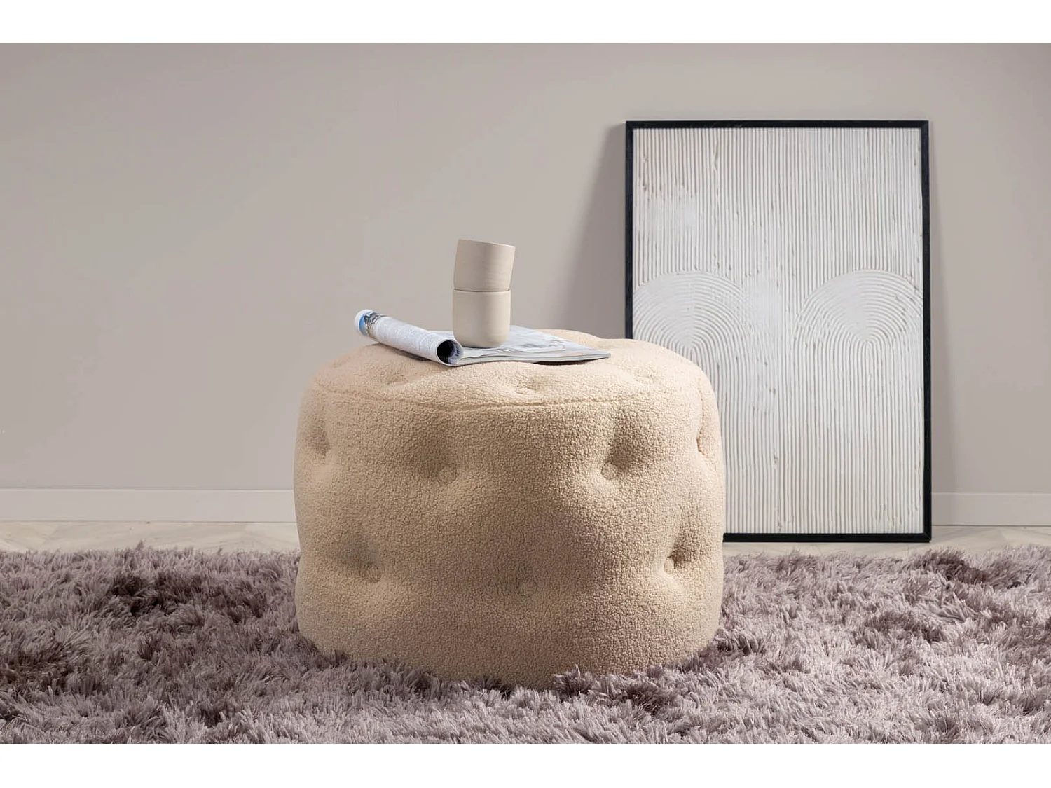 Pouf Capitonné Tissu Bouclette "Benjamin" 55cm Beige