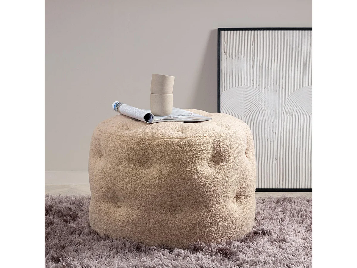 Pouf Capitonné Tissu Bouclette "Benjamin" 55cm Beige