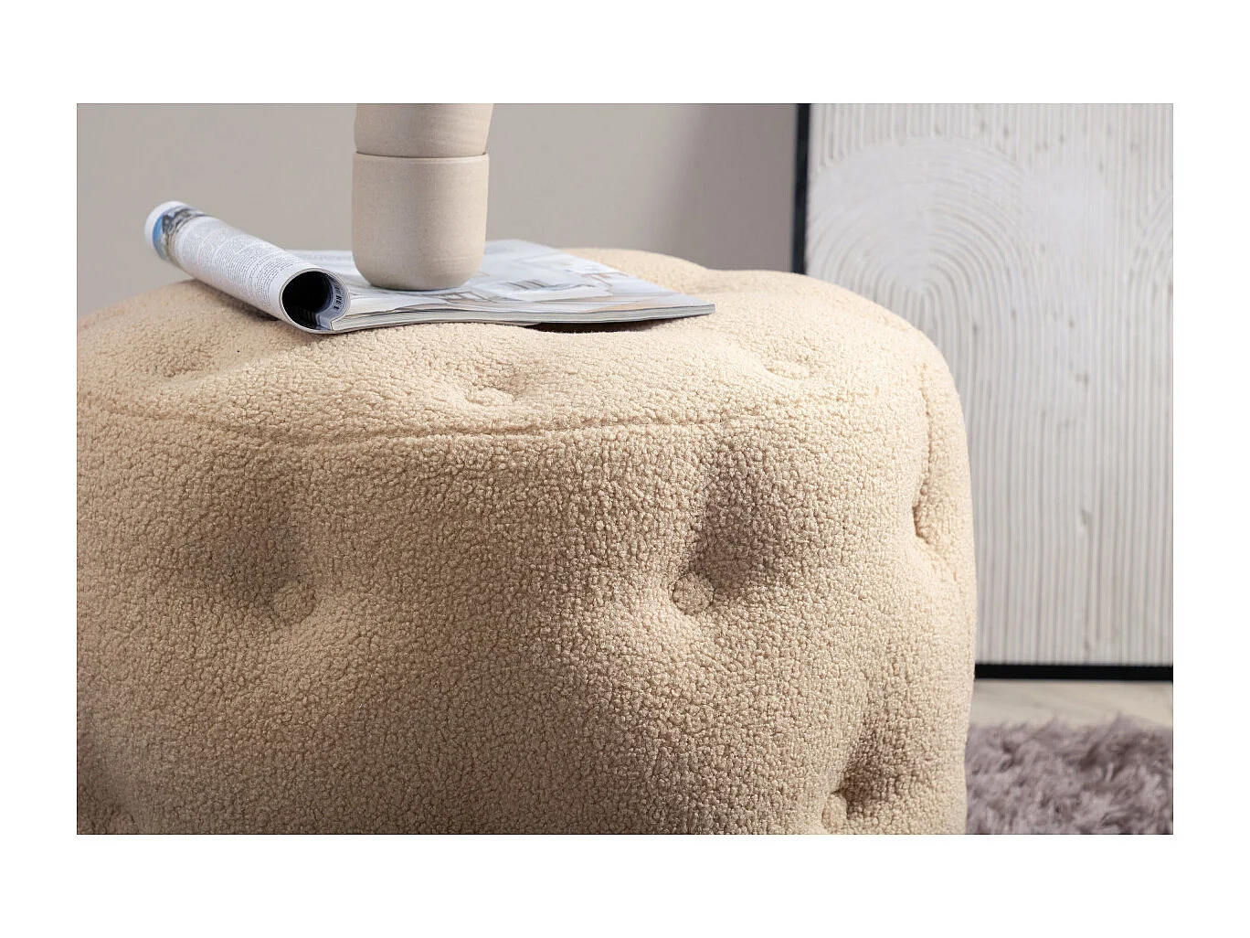 Pouf Capitonné Tissu Bouclette "Benjamin" 55cm Beige