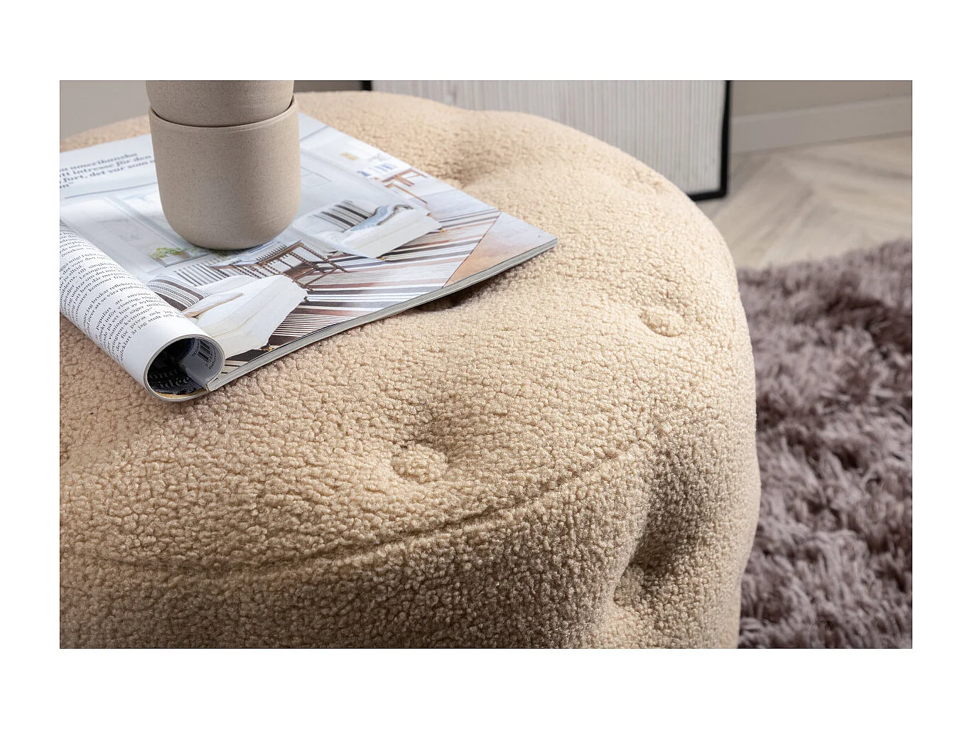 Pouf Capitonné Tissu Bouclette "Benjamin" 55cm Beige