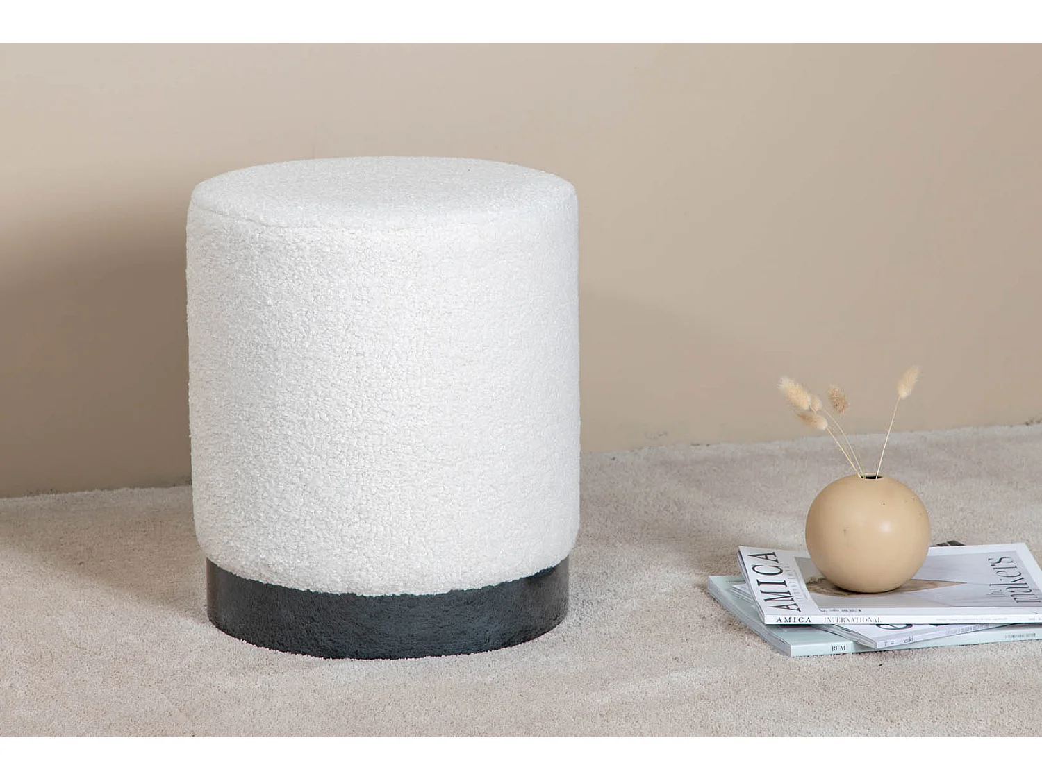 Pouf Rond Bouclé "Benji" 43cm Blanc & Noir