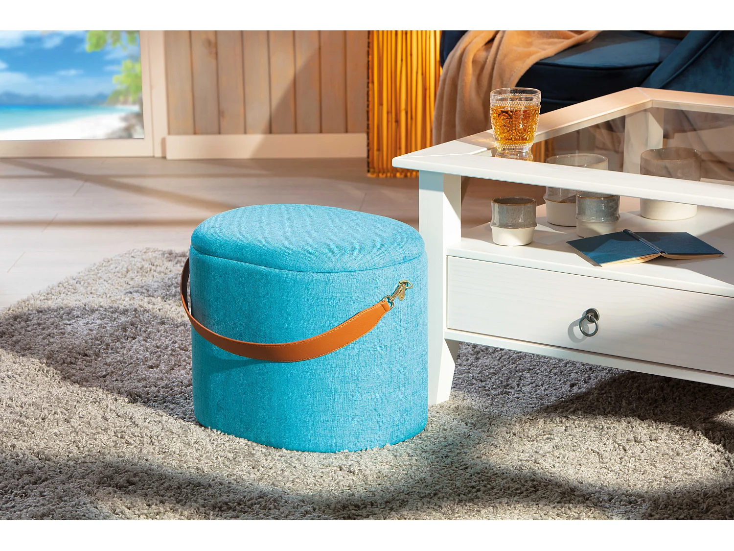 Dirax Fusshocker, Hocker mit Aufbewahrung blau und braun.