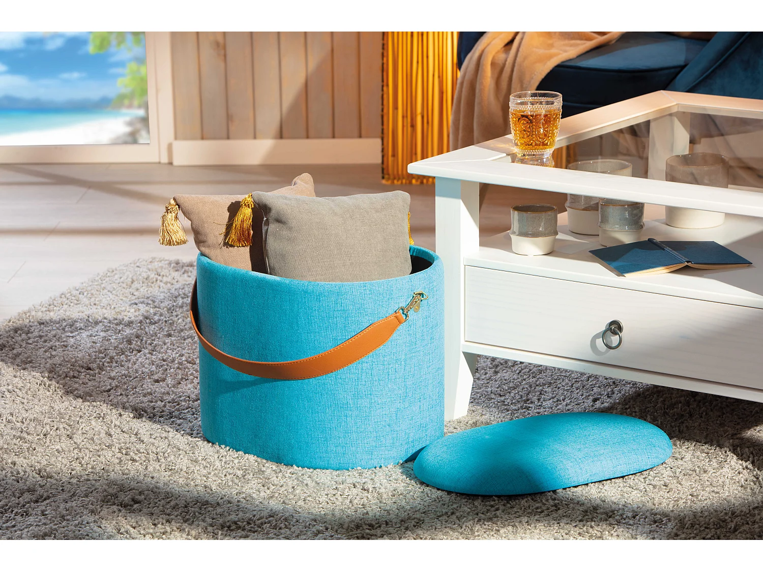 Dirax Fusshocker, Hocker mit Aufbewahrung blau und braun.