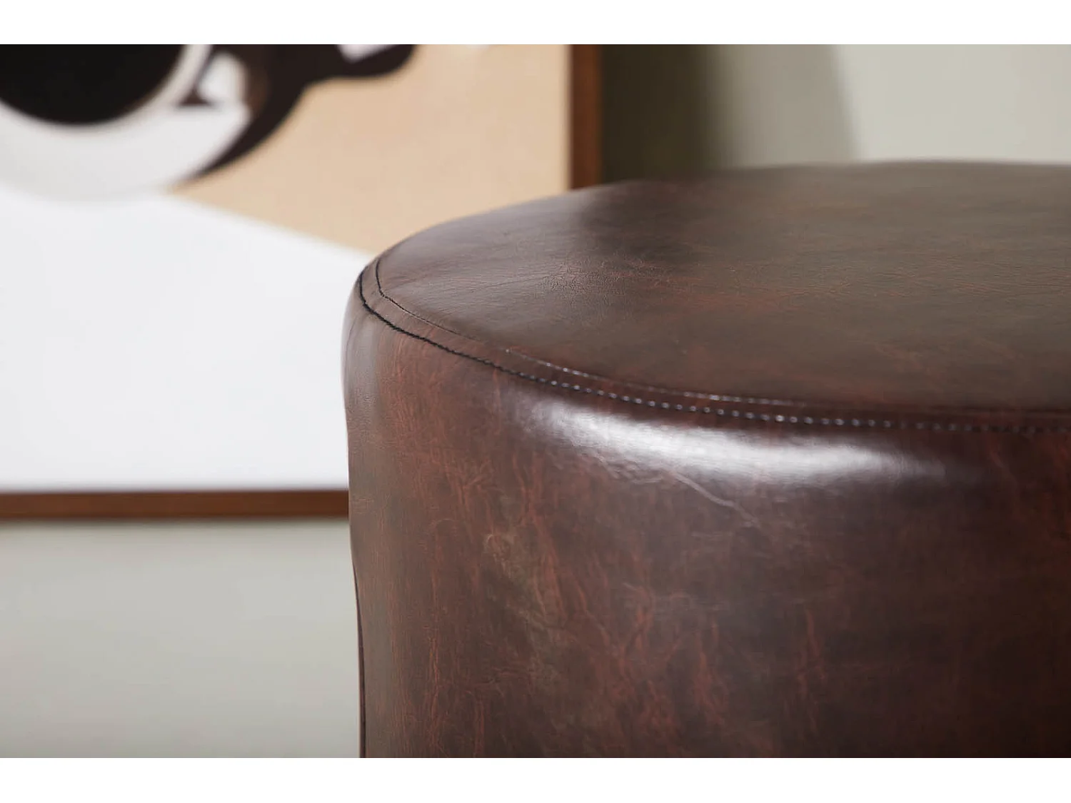 Eastport poef, hocker Ø41cm PU kunstleer bruin.