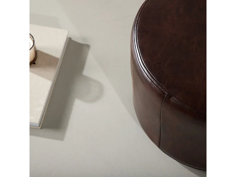 Eastport poef, hocker Ø41cm PU kunstleer bruin.