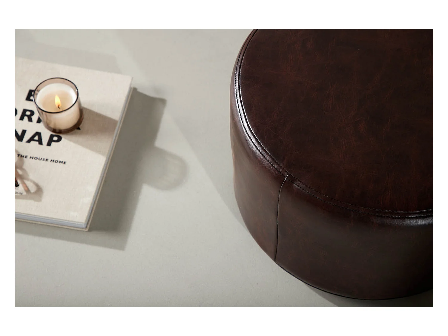 Eastport Pouf, Hocker Ø41cm PU Kunstleder braun.