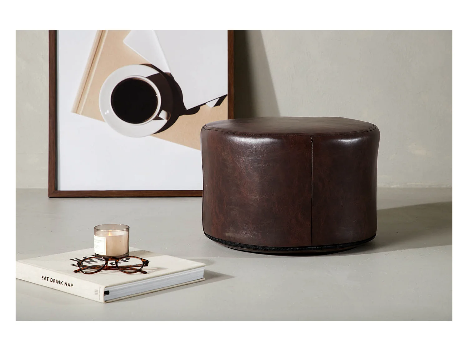 Eastport Pouf, Hocker Ø41cm PU Kunstleder braun.
