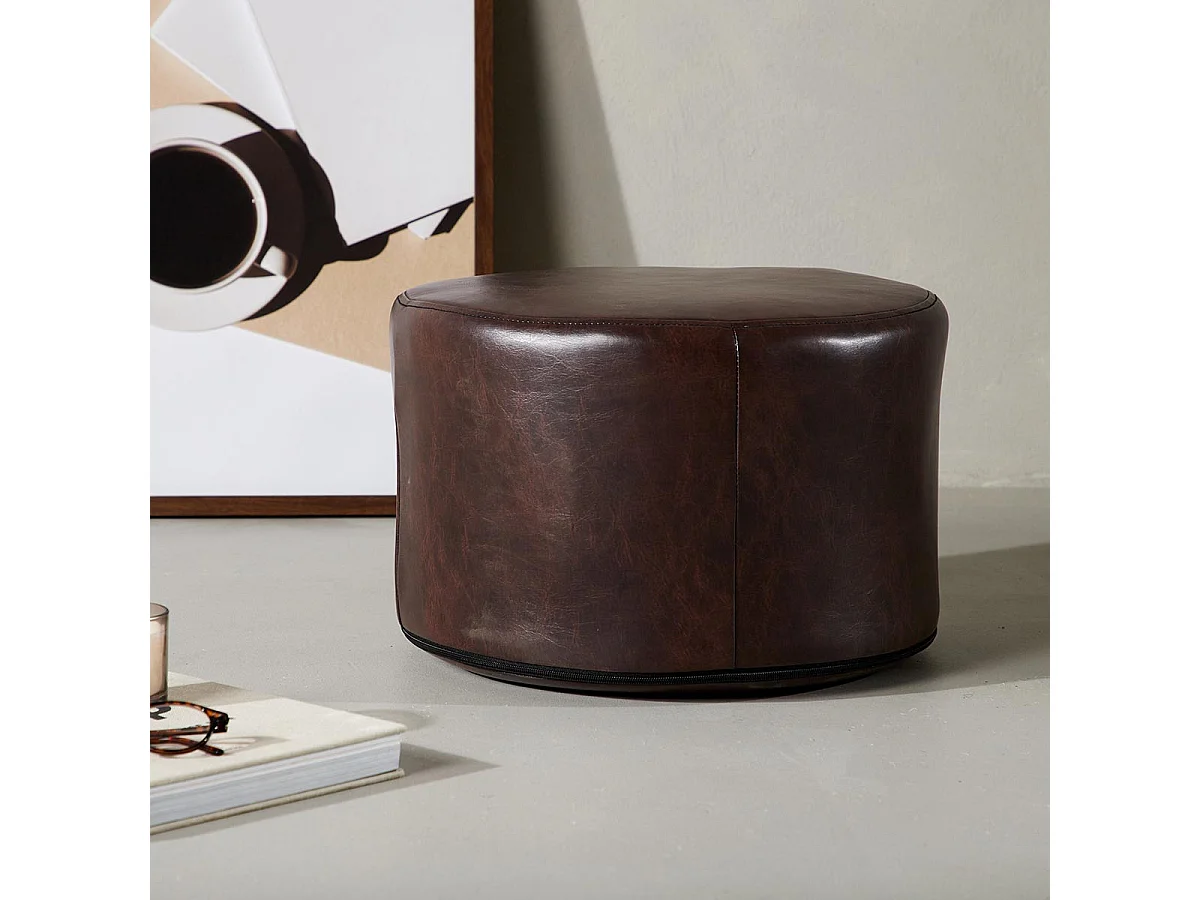Pouf Eastport, poggiapiedi Ø41cm PU similpelle marrone.
