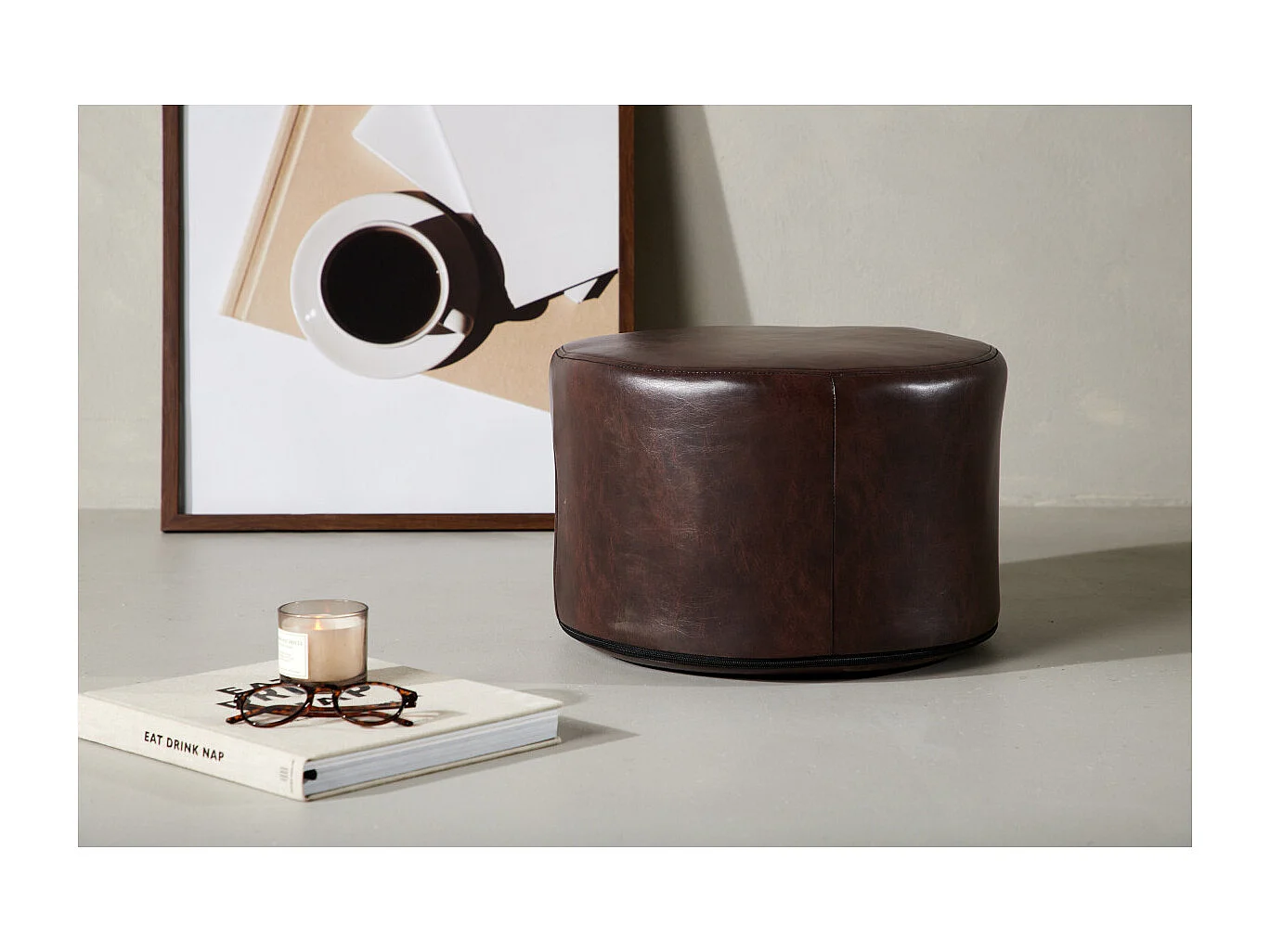 Pouf Eastport, poggiapiedi Ø41cm PU similpelle marrone.