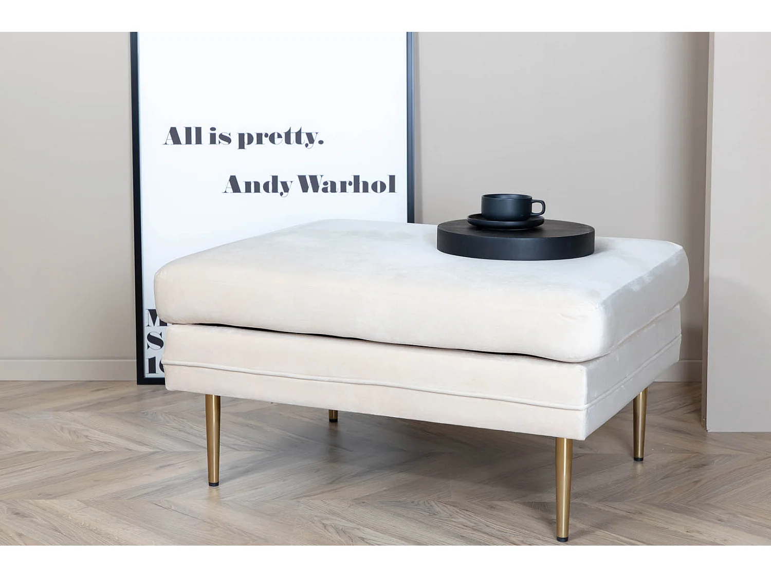 Boom pouf ,repose-pieds  velours laiton, blanc.