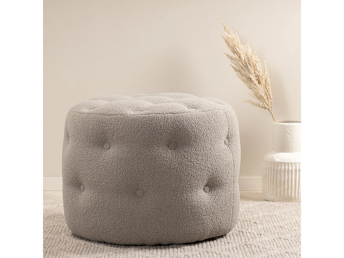 Pouf Capitonné Tissu Bouclette "Benjamin" 55cm Grège