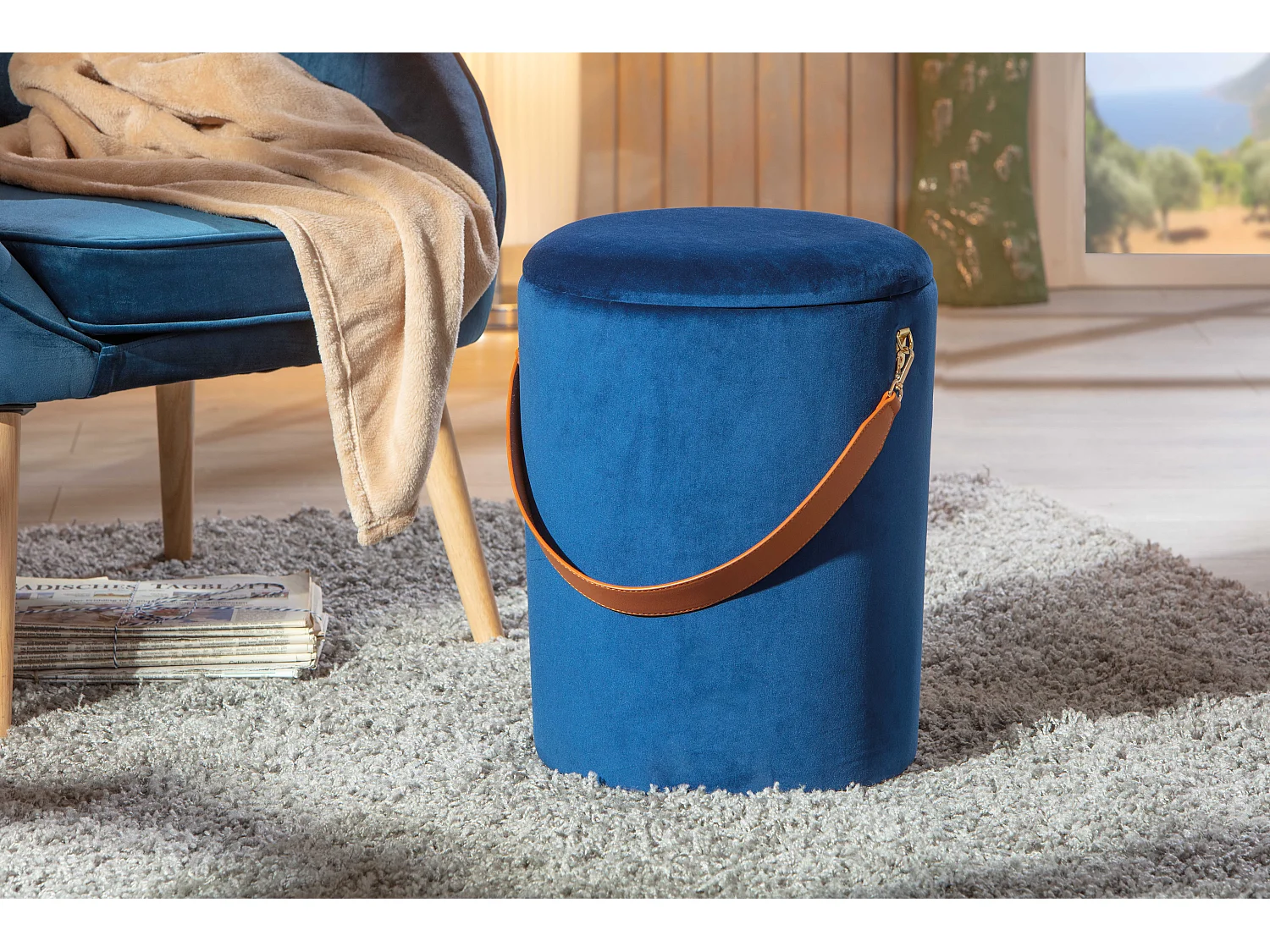 Pampurs Fusshocker, Hocker mit Aufbewahrung blau und braun.