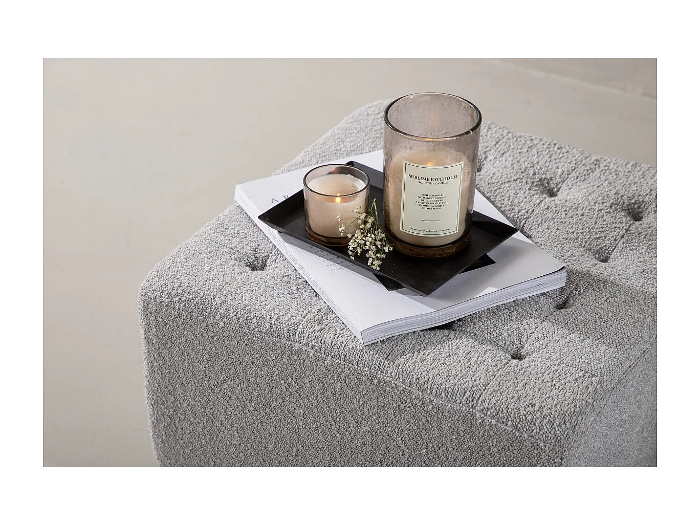 Pouf Tissu Bouclé "Bowie" 51cm Gris Clair