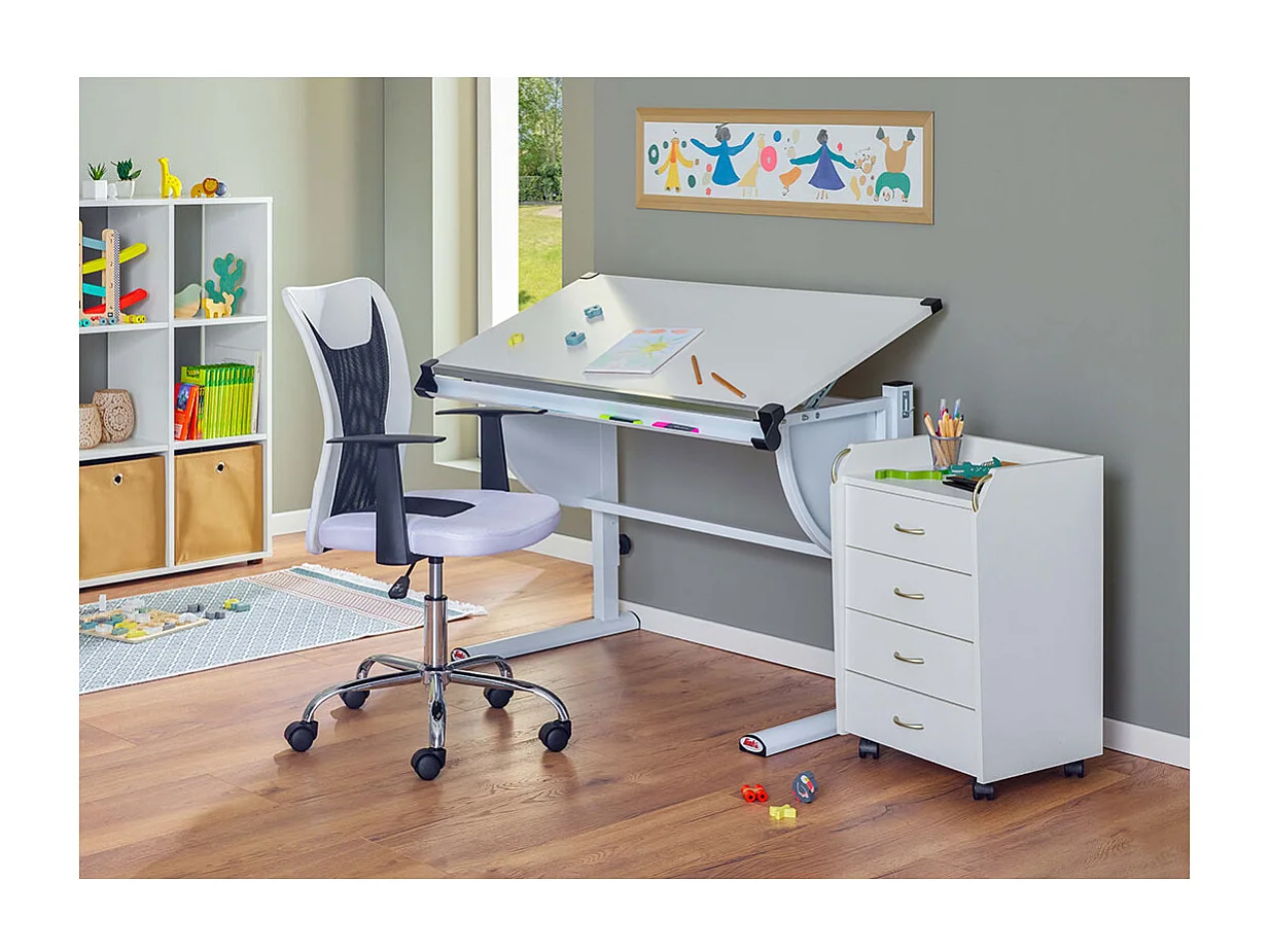 Prosar Commode à roulettes, 4 tiroirs, blanc.