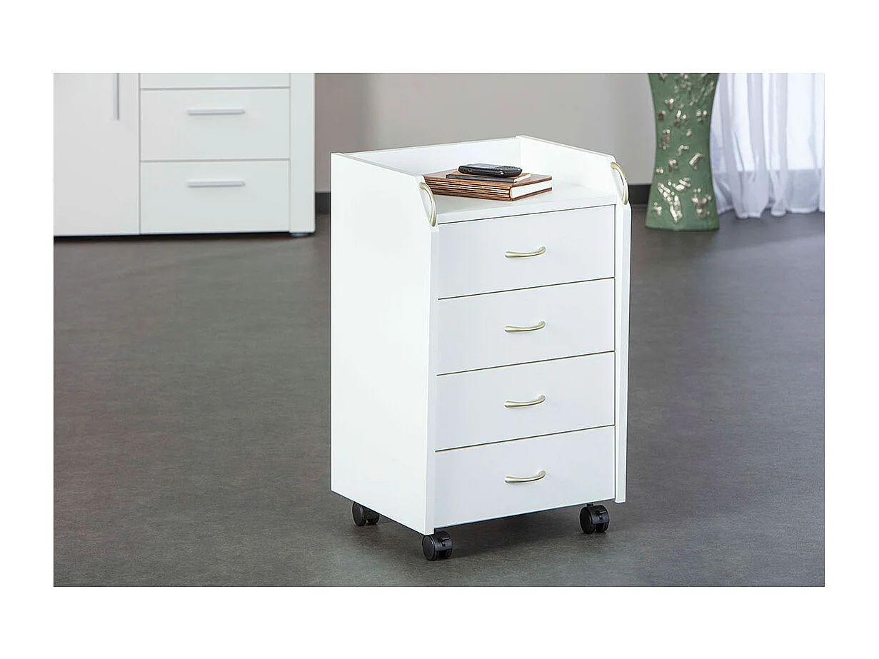Prosar Commode à roulettes, 4 tiroirs, blanc.