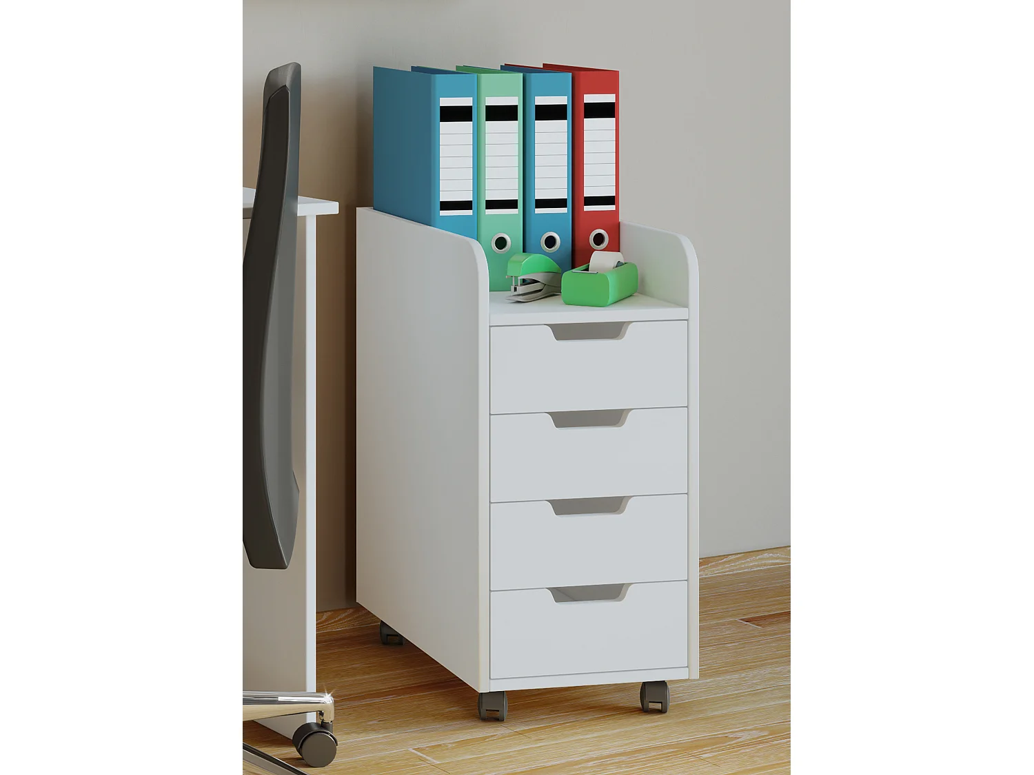 Cassettiera da ufficio Konal Mini, classificatore da ufficio su ruote, 1 ripiano e 4 cassetti, bianco.