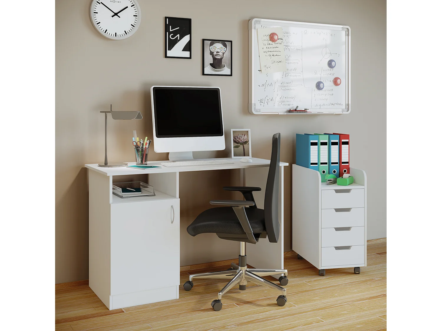 Cassettiera da ufficio Konal Mini, classificatore da ufficio su ruote, 1 ripiano e 4 cassetti, bianco.