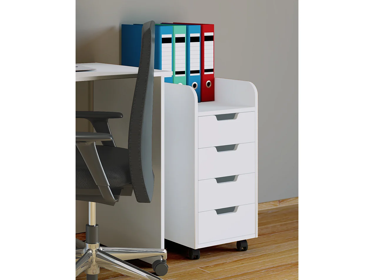 Cassettiera da ufficio Konal Mini, classificatore da ufficio su ruote, 1 ripiano e 4 cassetti, bianco.