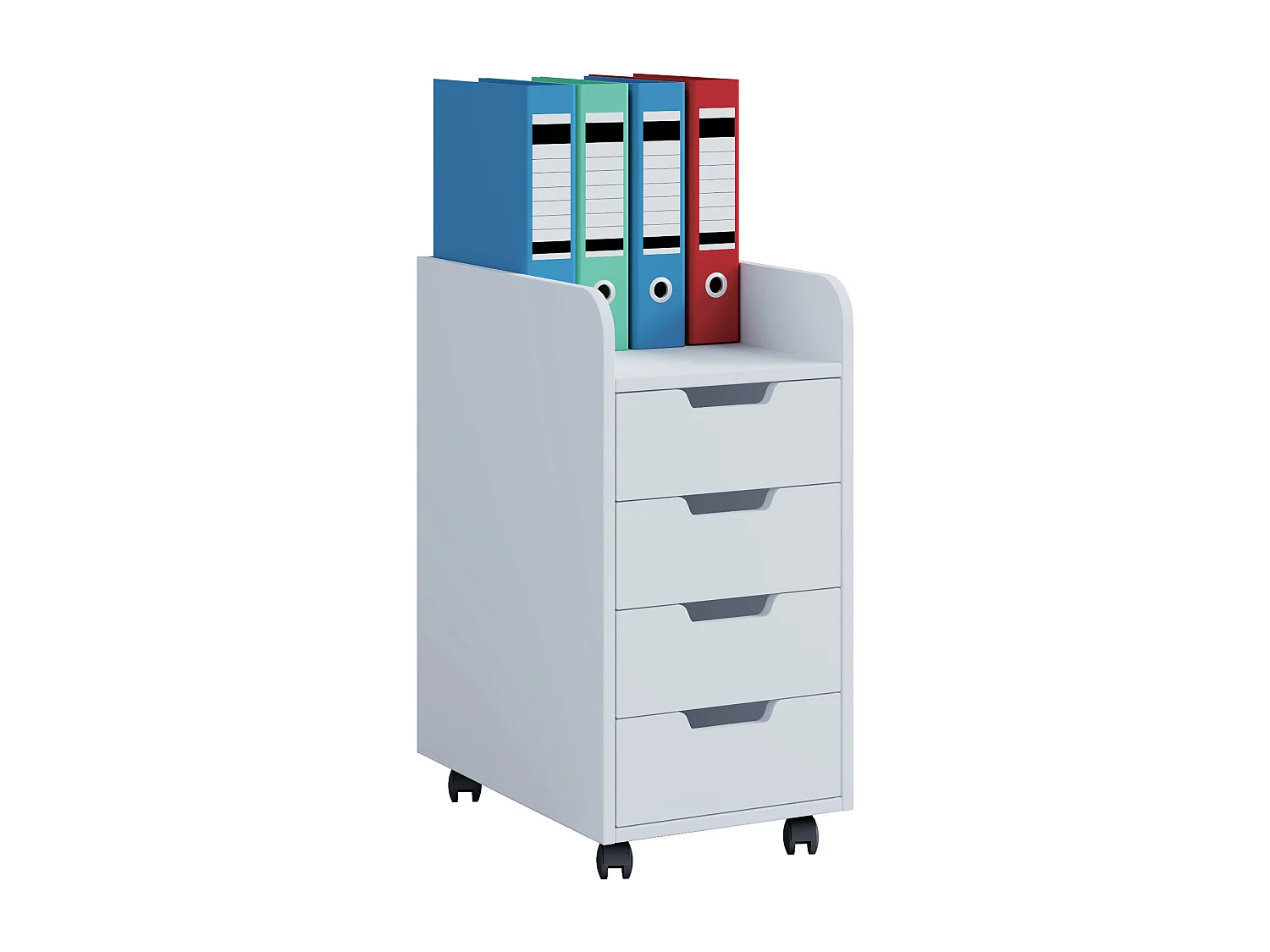 Cassettiera da ufficio Konal Mini, classificatore da ufficio su ruote, 1 ripiano e 4 cassetti, bianco.