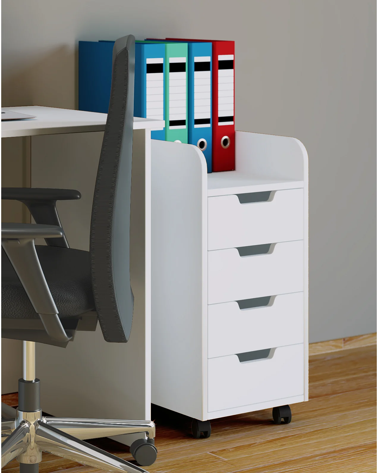 Cassettiera da ufficio Konal Mini, classificatore da ufficio su ruote, 1 ripiano e 4 cassetti, bianco.