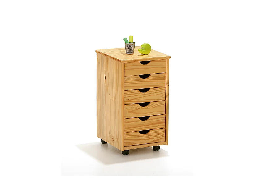Nilar Commode à roulettes, 6 tiroirs, teinte naturelle.