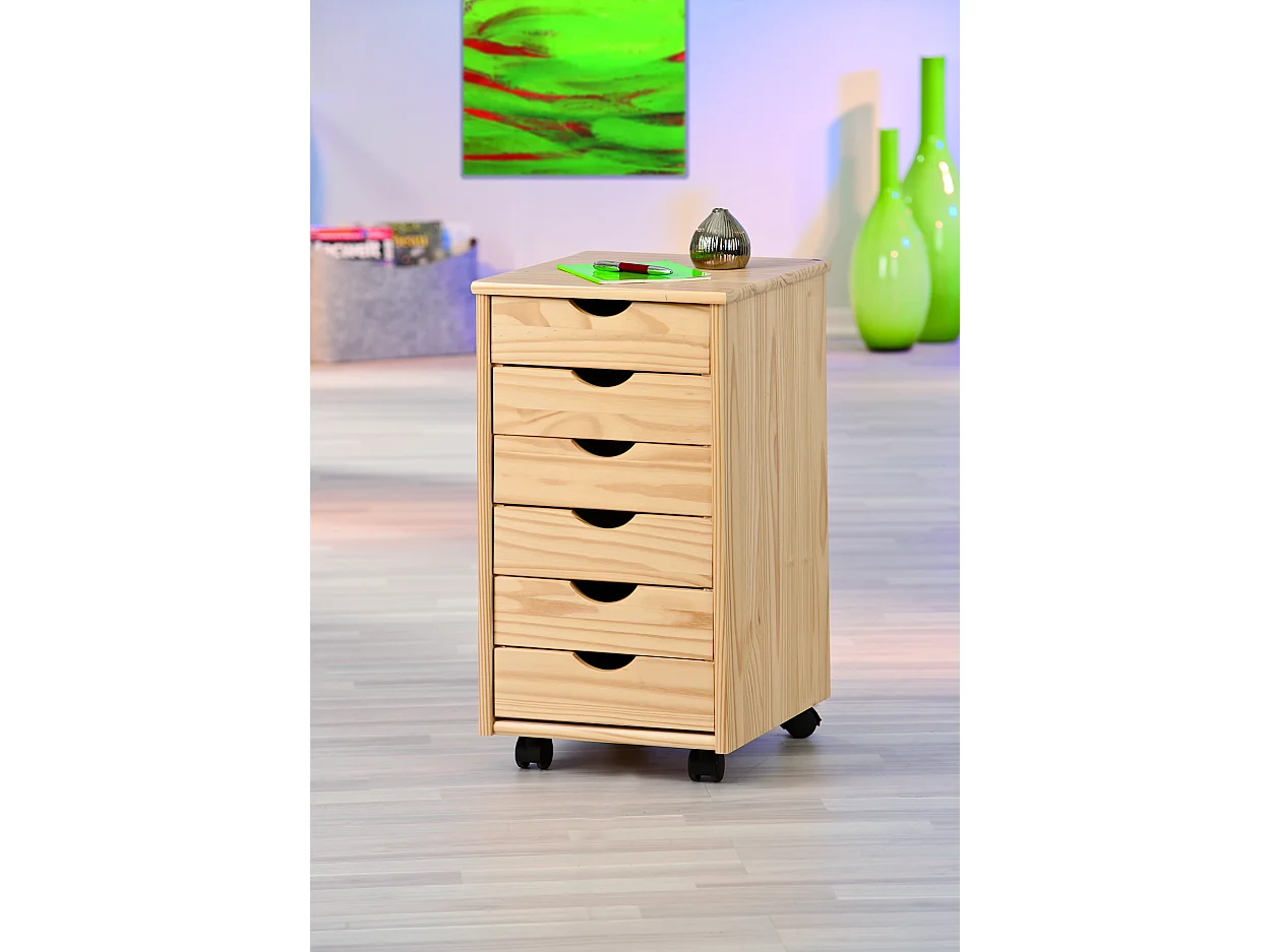 Nilar Commode à roulettes, 6 tiroirs, teinte naturelle.