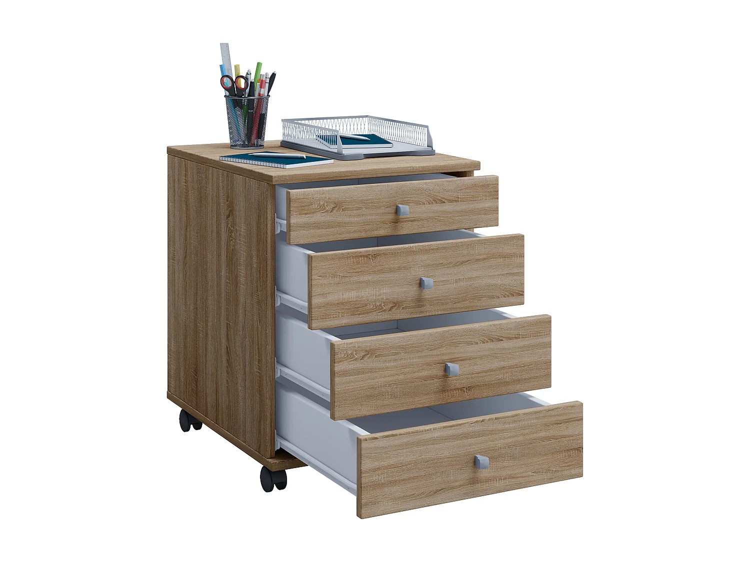 Lona Bureau Commode de bureau sur roulettes avec 4 tiroirs, imitation chêne Sonoma.