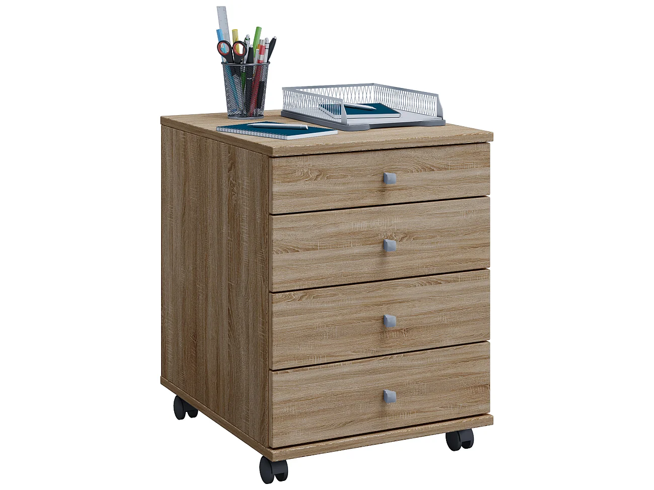 Lona Bureau Commode de bureau sur roulettes avec 4 tiroirs, imitation chêne Sonoma.