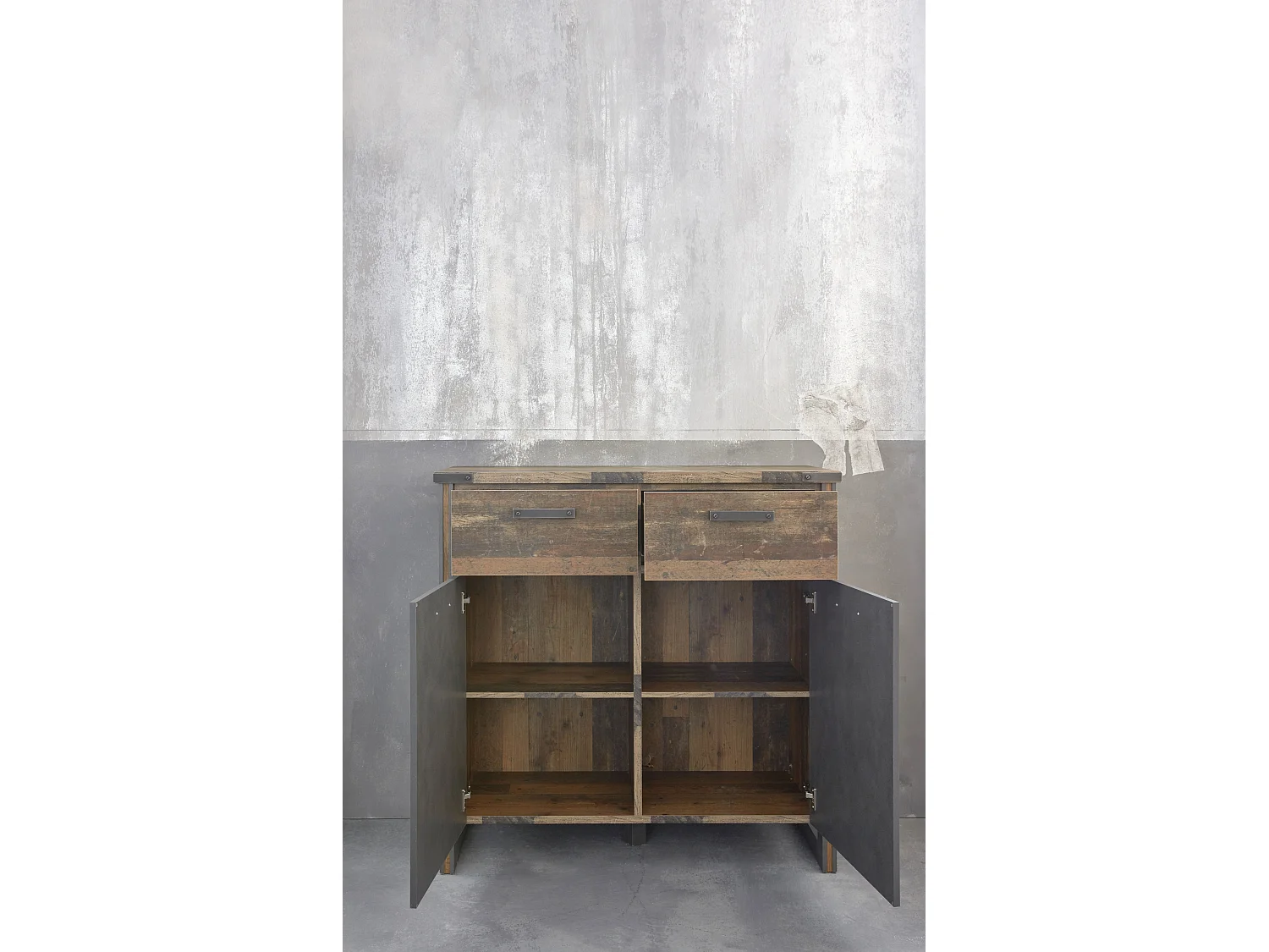 Prip Commode 2 portes et 2 tiroirs, style vieux bois, finition Matera.