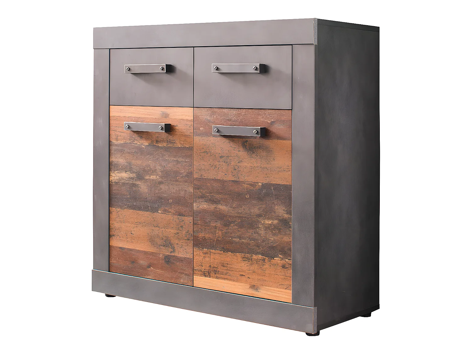 Indy Commode 2 portes, 2 tiroirs, finition chêne gris, style vieux bois.