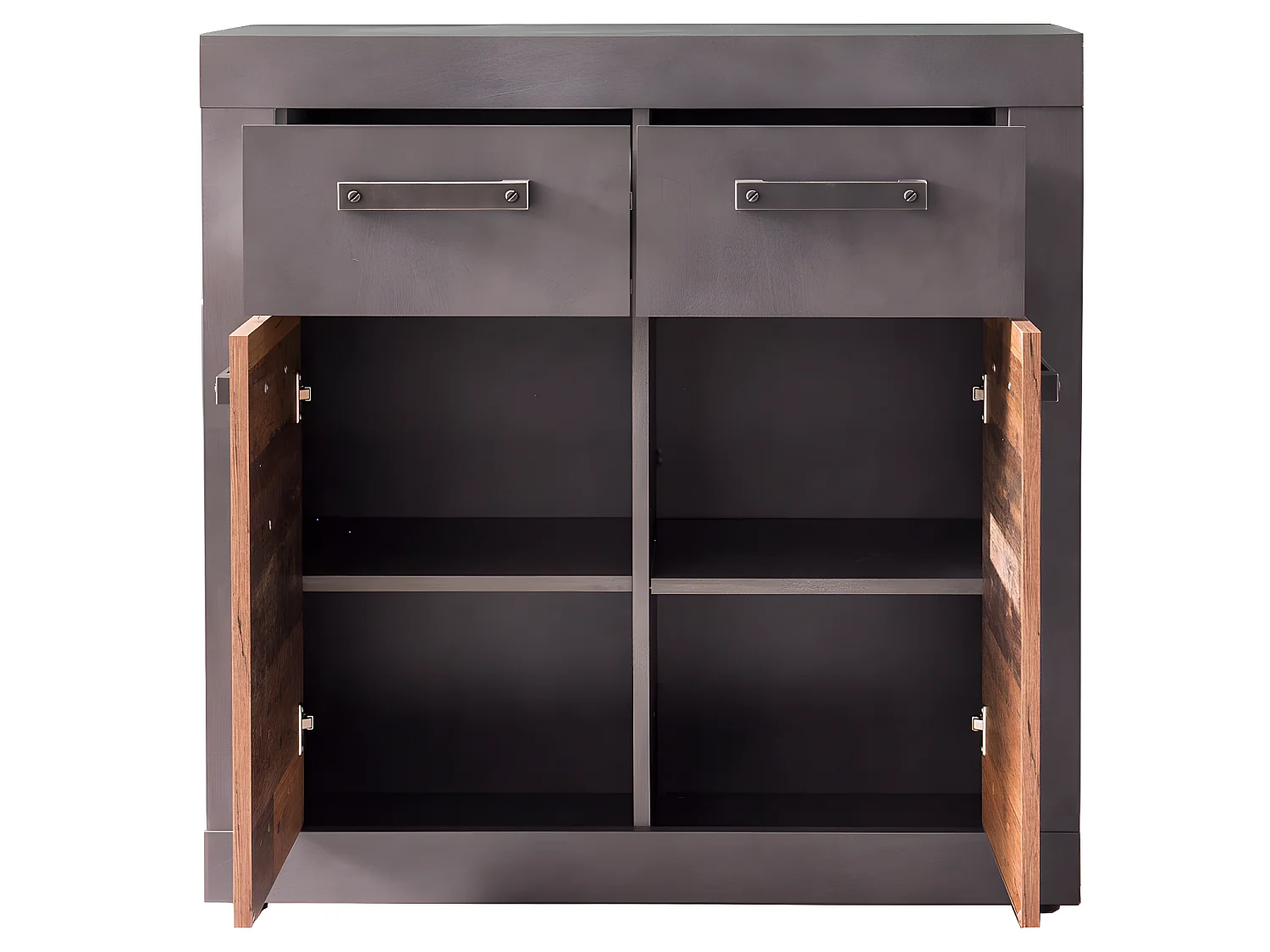 Indy Commode 2 portes, 2 tiroirs, finition chêne gris, style vieux bois.