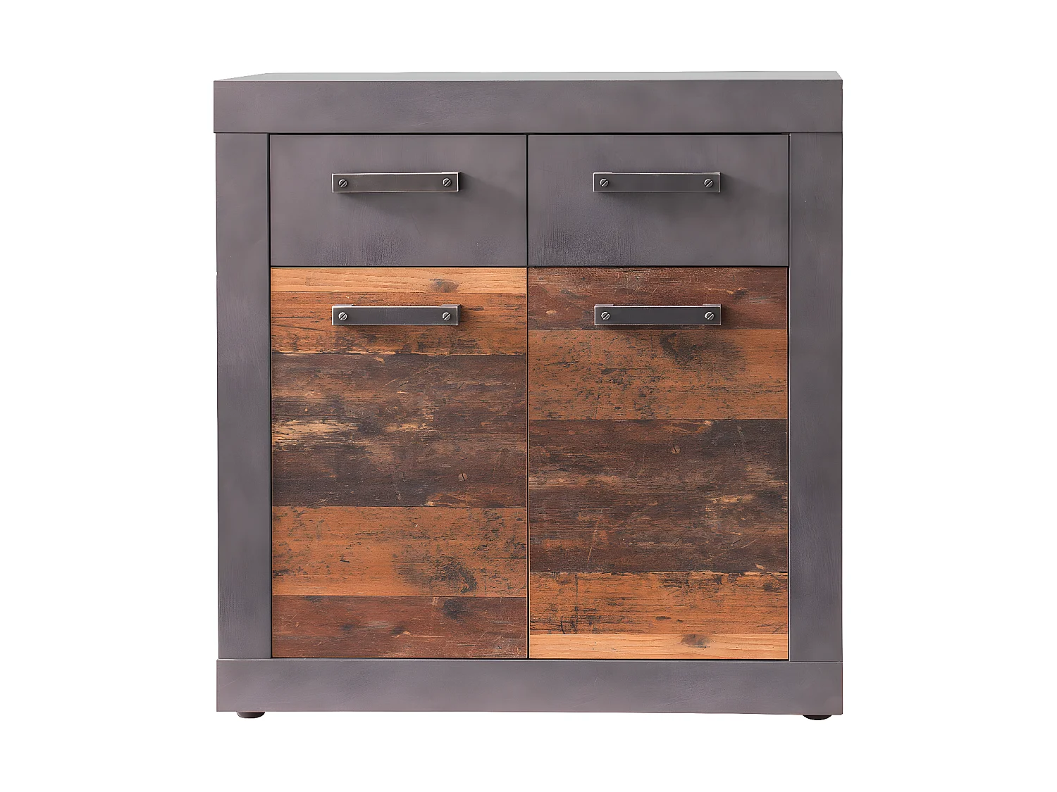 Indy Commode 2 portes, 2 tiroirs, finition chêne gris, style vieux bois.