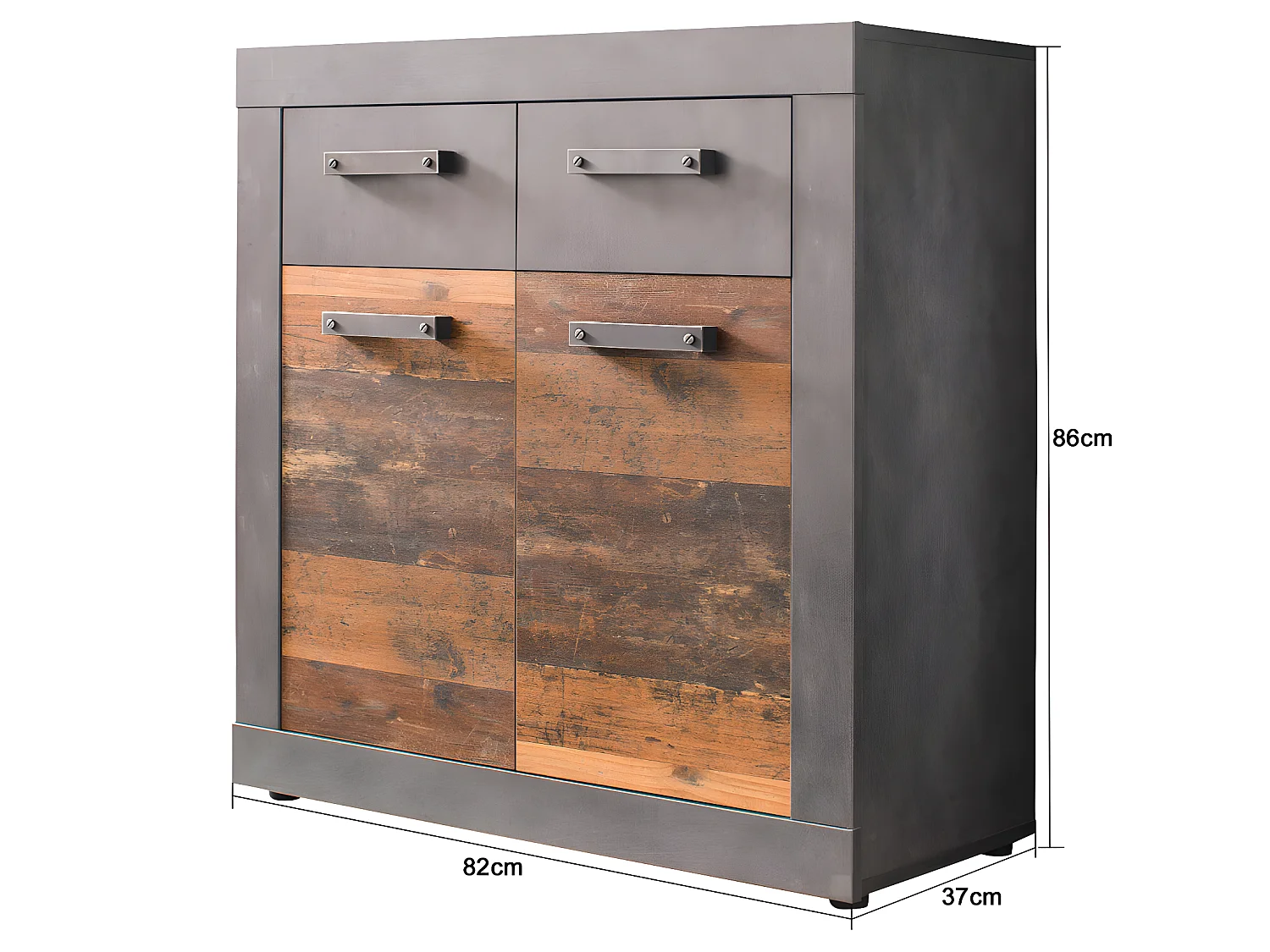 Indy kommode 2 deuren, 2 laden grijs eiken decor, oud houten decor.