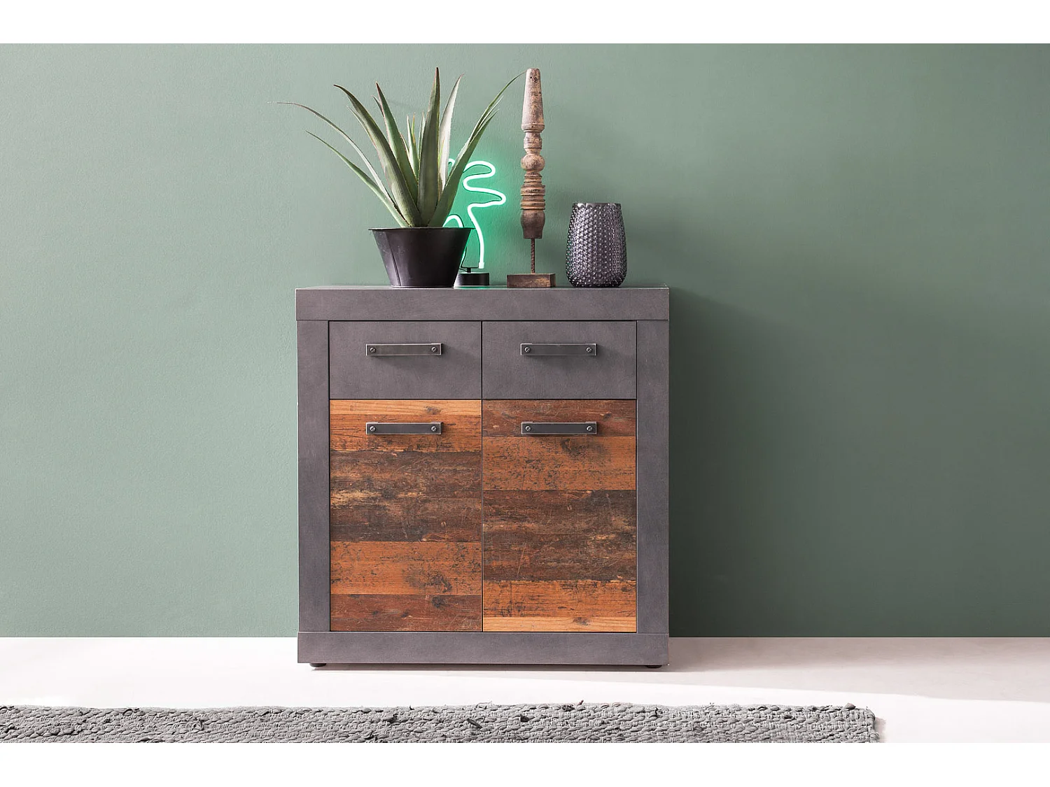 Indy kommode 2 deuren, 2 laden grijs eiken decor, oud houten decor.