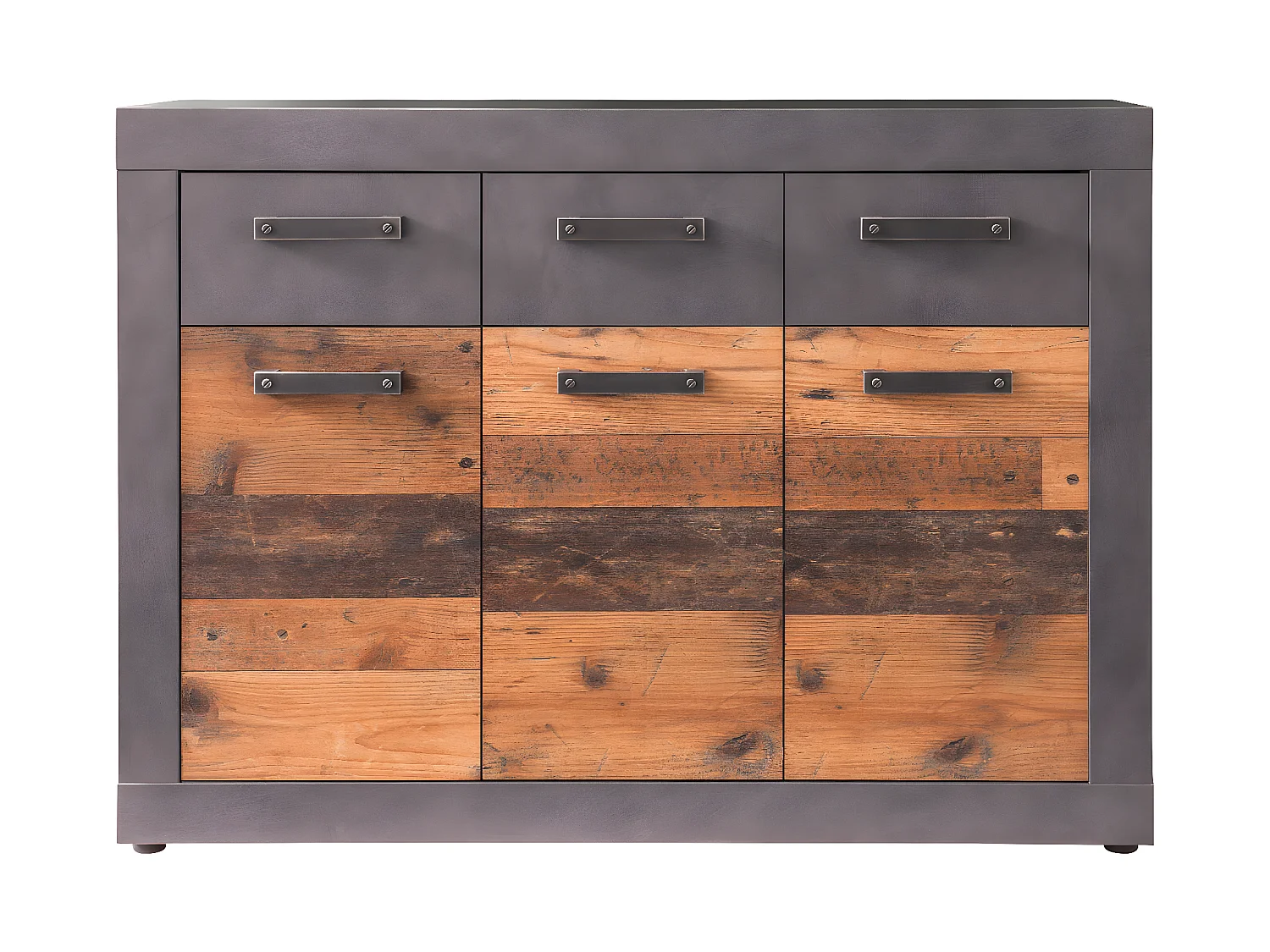 Indy Commode, 3 portes, 3 tiroirs, imitation chêne gris, look vieux bois.
