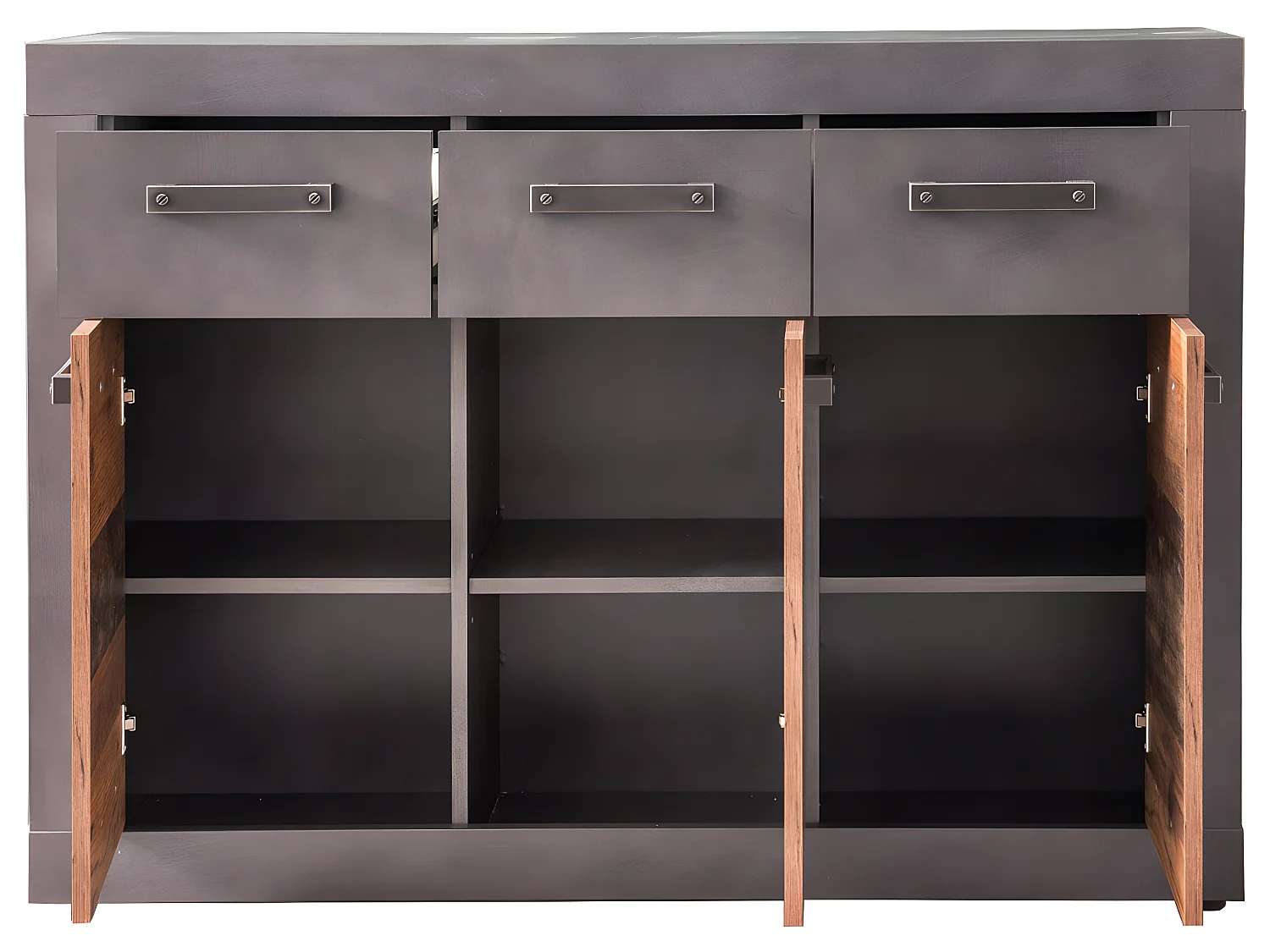 Indy kommode 3 deuren, 3 laden grijs eiken decor, oud houten decor.