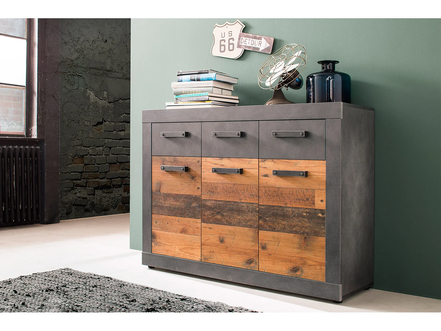 Indy kommode 3 deuren, 3 laden grijs eiken decor, oud houten decor.